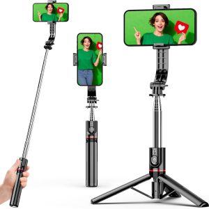 عصا سيلفي قابلة للتمديد بارتفاع 44 بوصة مع حامل ثلاثي القوائم وجهاز تحكم عن بُعد لاسلكي، تدعم دوران 360 درجة، متوافقة مع iPhone 14، 13، 12، 11 برو، Xs Max، Xr، X، 8، 7، وأجهزة Android Samsung الذكية