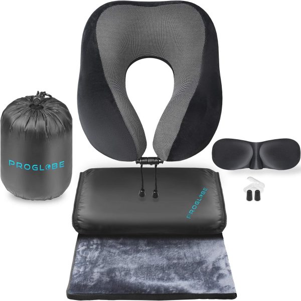 Introducing the Luxury Travel Kit - 100% Memory Foam Comfort Airline Pillow & Ultra Soft Fleece Blanket - 3D Sleep Mask & Earplugs - The Ultimate 4-in-1 Travel Kit in Black